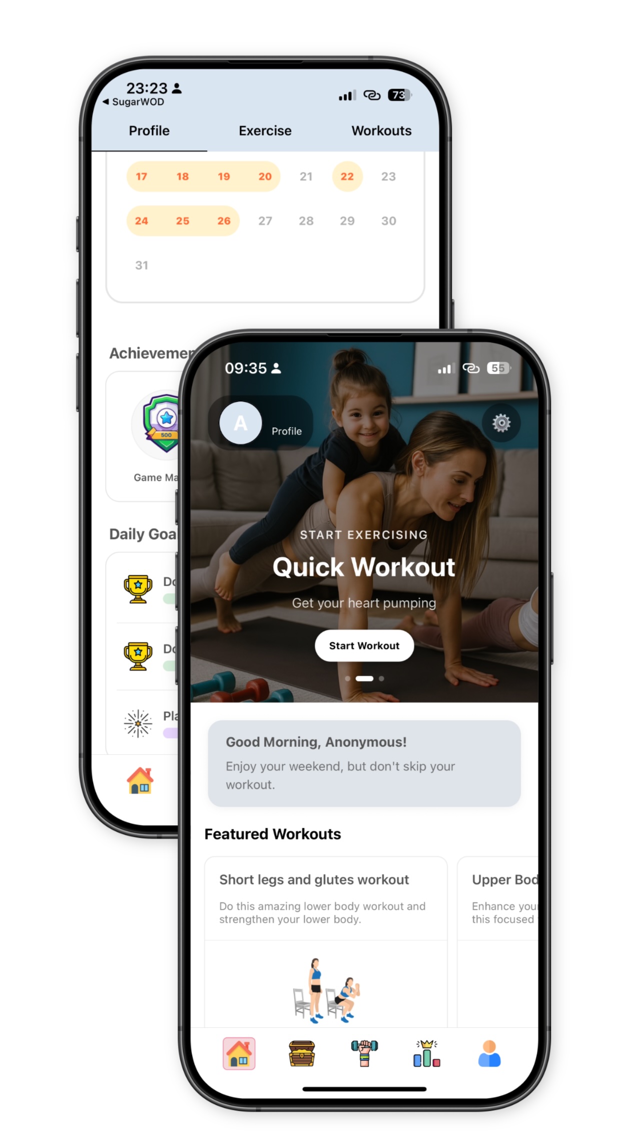 Hoppa fitness app screenshots showing workout tracking, achievements, and personalized home screen