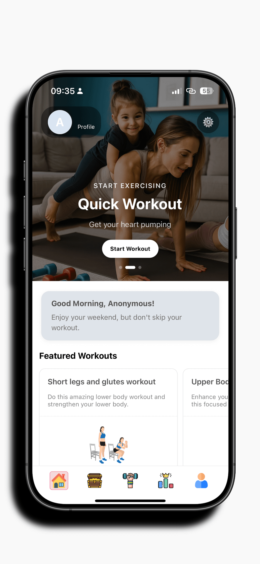 Hoppa mobile app interface showing workout tracking, progress calendar, and exercise campaigns